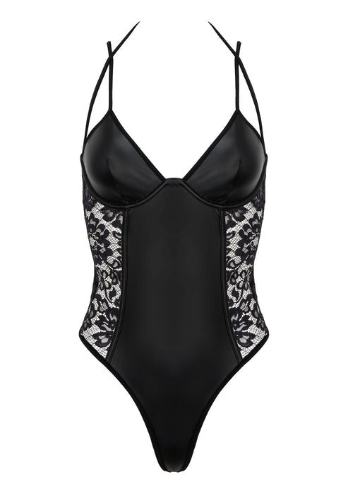 Body in simil pelle e pizzo nero g-string sexy kotek