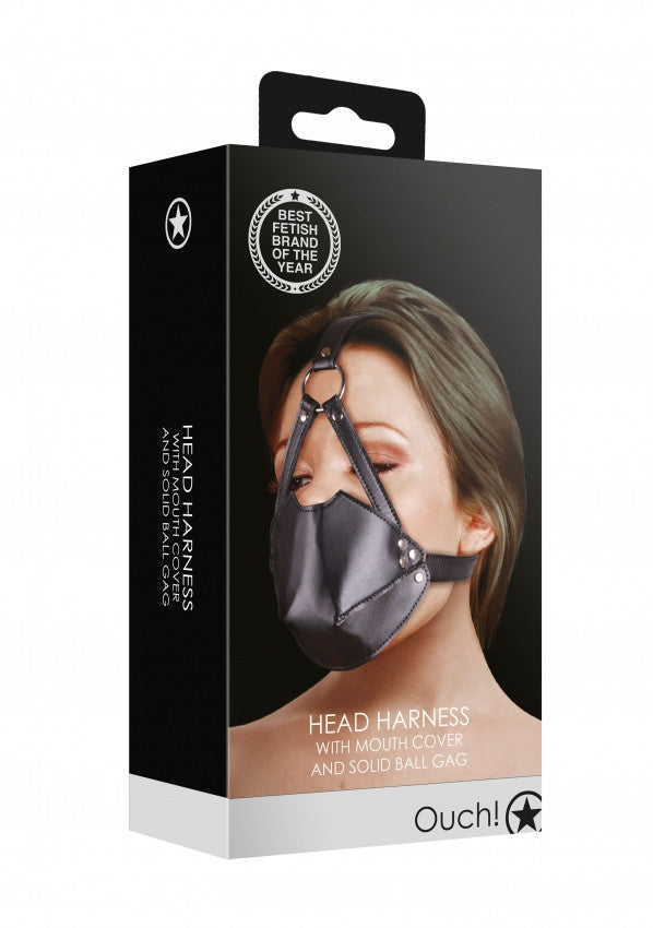 Imbracatura viso con morso Head Harness with Mouth Cover and Breath Ball Gag Black