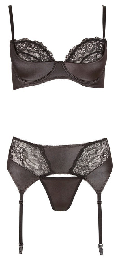 lingerie tre pezzi reggiseno perizoma reggicalze nero con pizzo trasparente sexy